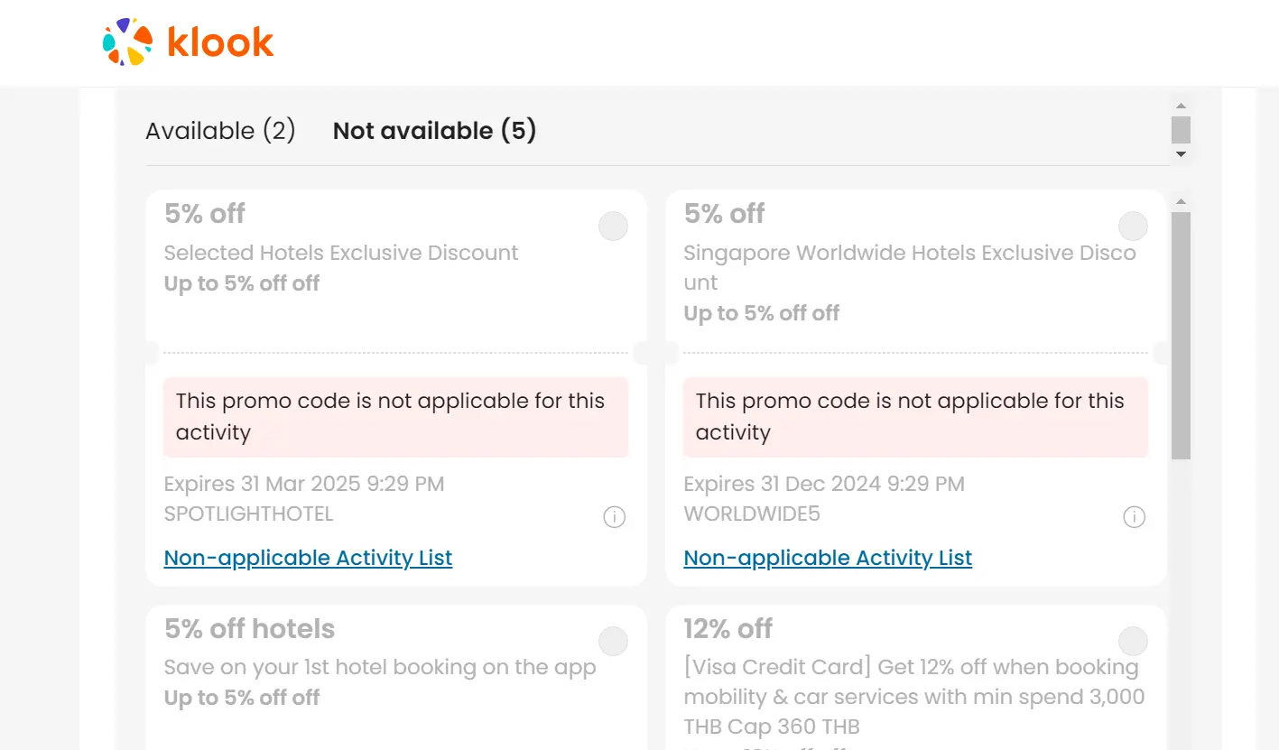 Screenshot of tested coupon for Klook