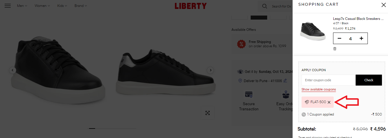 Screenshot of tested coupon for Liberty Shoes