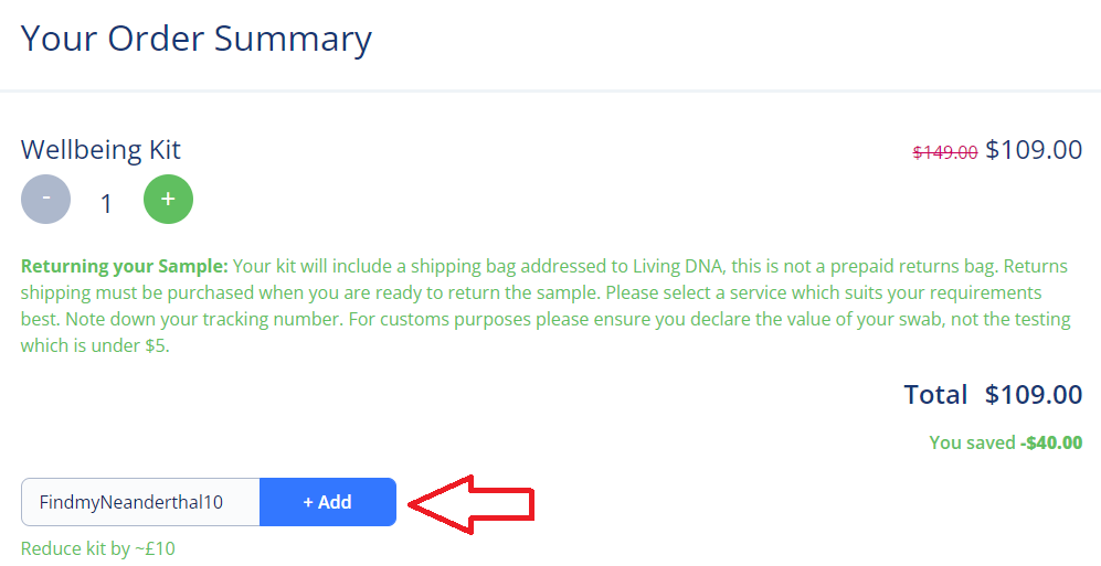 Screenshot of tested coupon for Living DNA