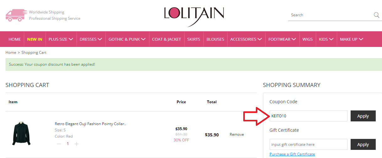 Screenshot of tested coupon for Lolitain