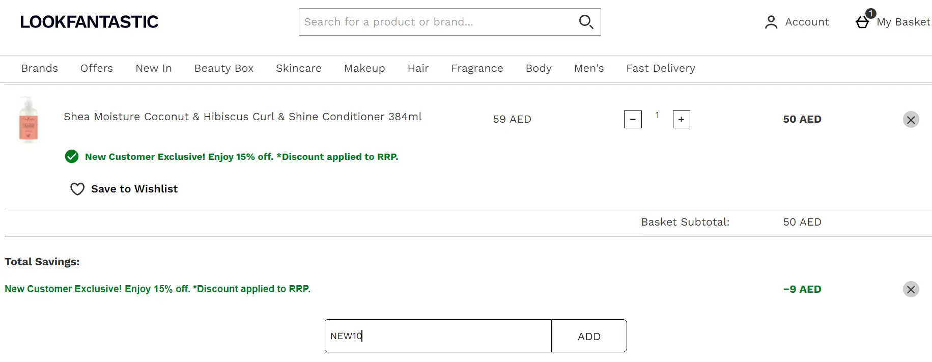 Screenshot of tested coupon for Lookfantastic