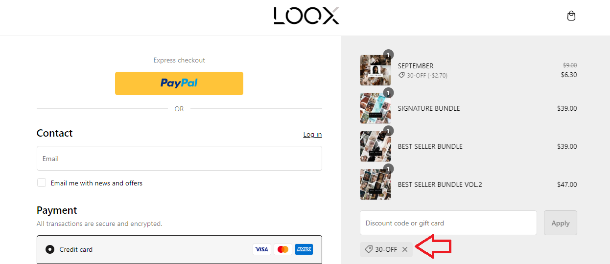 Screenshot of tested coupon for LOOX