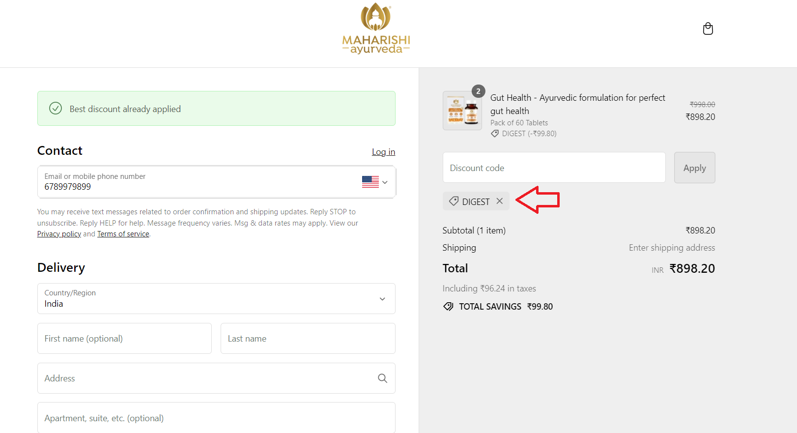 Screenshot of tested coupon for Maharishi Ayurveda