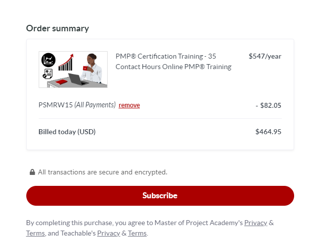 Screenshot of tested coupon for Master Of Project Academy