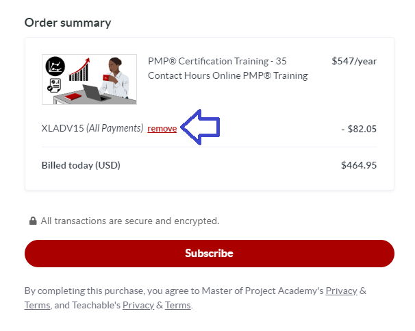 Screenshot of tested coupon for Master Of Project Academy