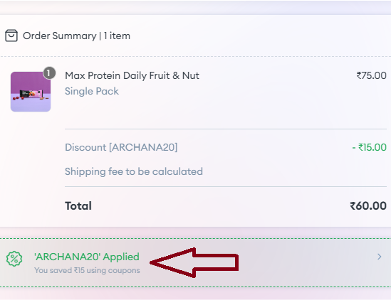 Screenshot of tested coupon for Max Protein