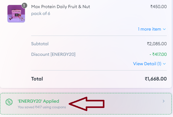 Screenshot of tested coupon for Max Protein