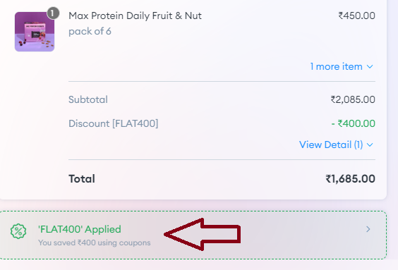 Screenshot of tested coupon for Max Protein