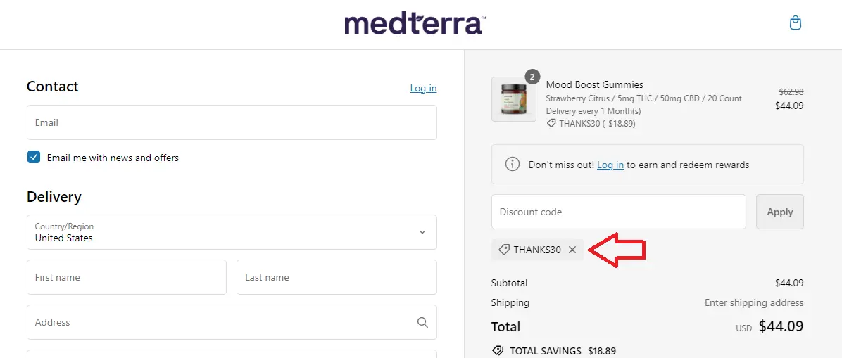 Screenshot of tested coupon for Medterra