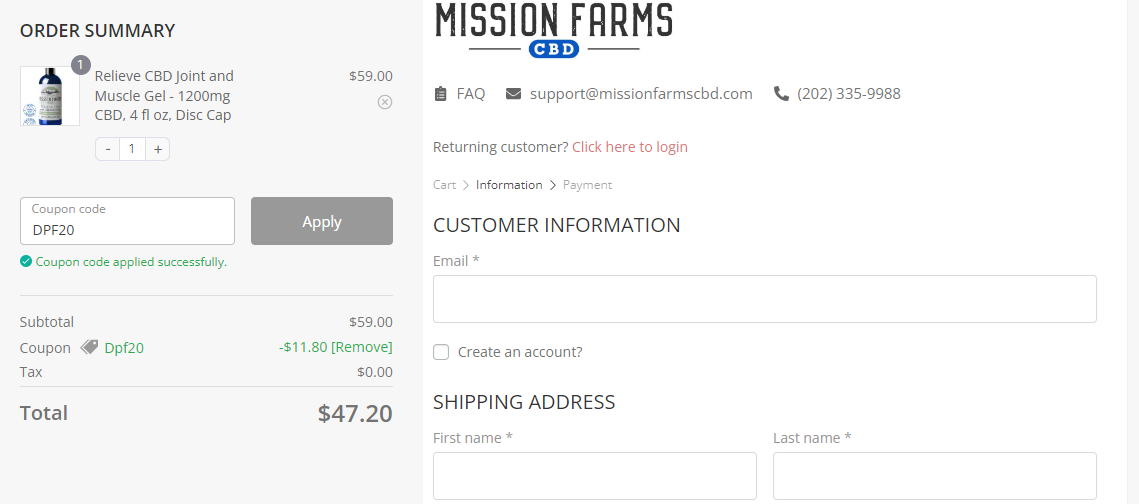 Screenshot of tested coupon for Mission Farms CBD