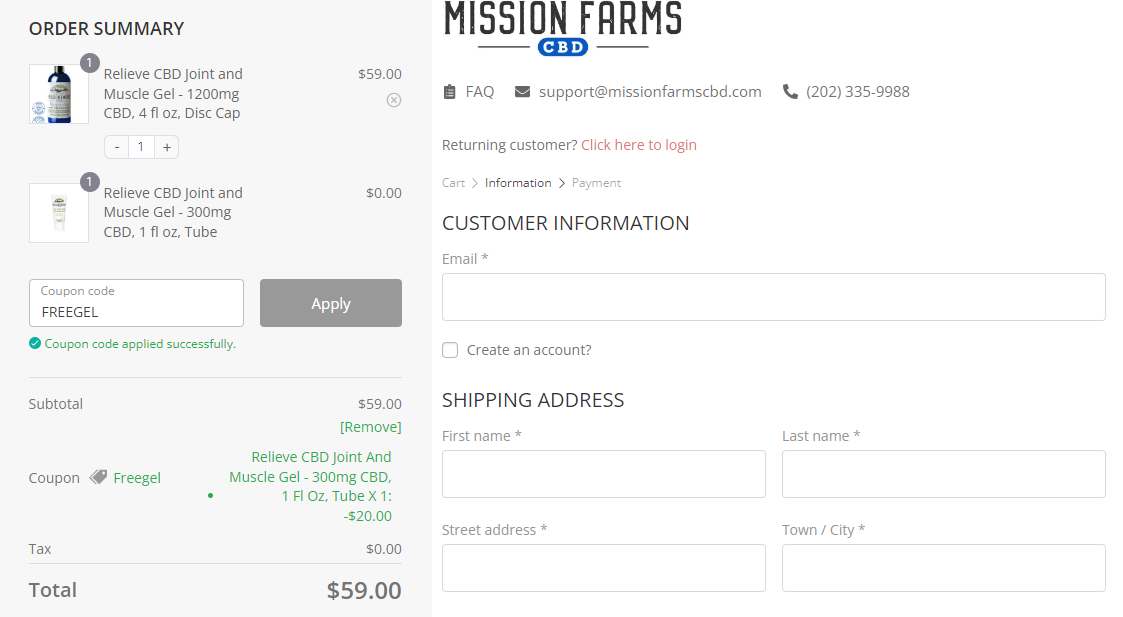 Screenshot of tested coupon for Mission Farms CBD