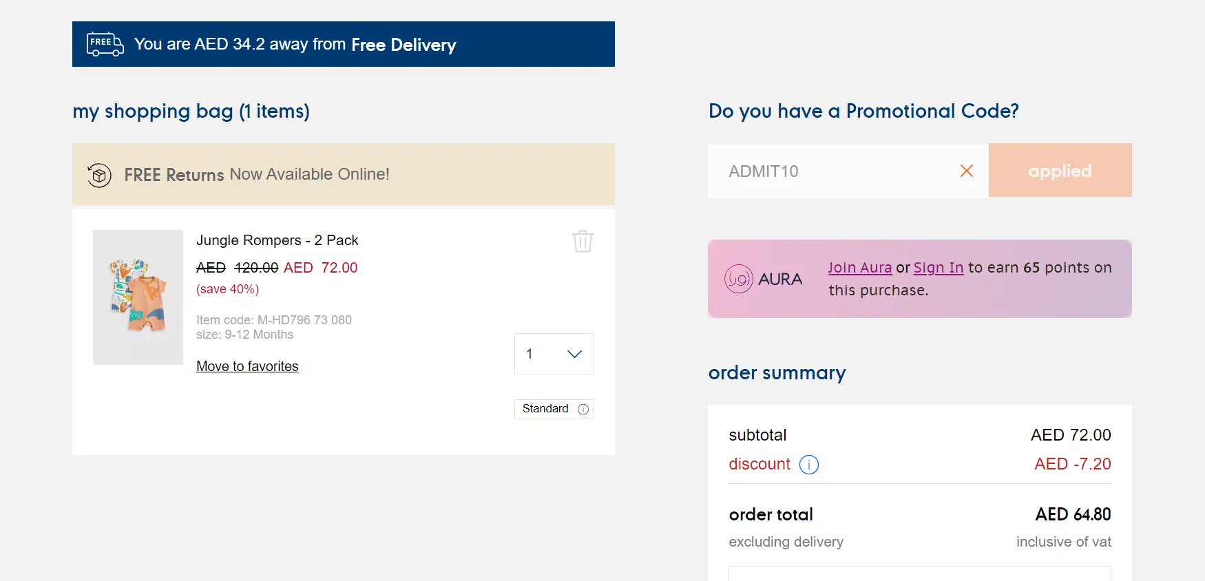 Screenshot of tested coupon for Mothercare