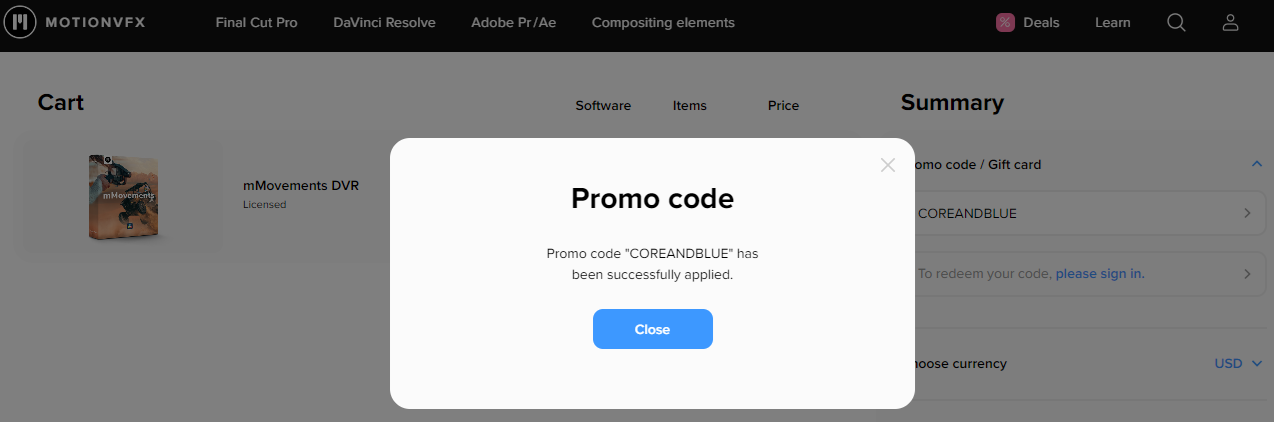 Screenshot of tested coupon for MotionVFX