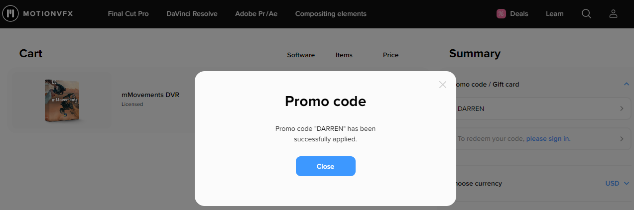 Screenshot of tested coupon for MotionVFX