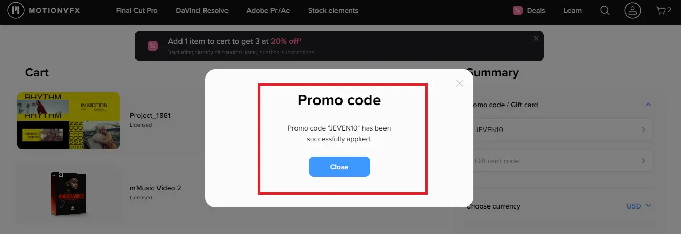 Screenshot of tested coupon for MotionVFX