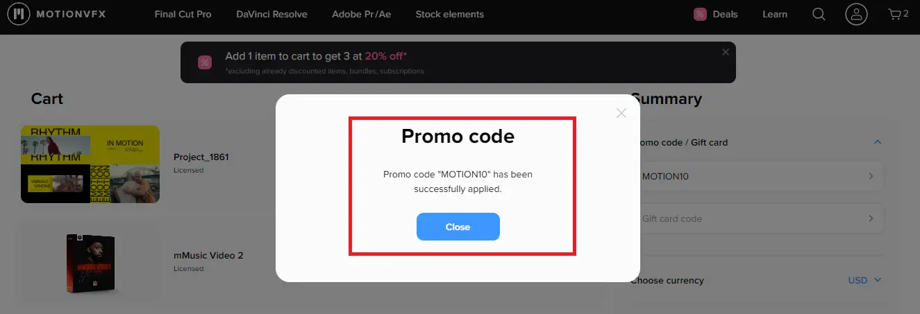 Screenshot of tested coupon for MotionVFX