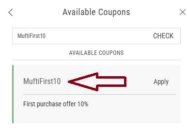 Screenshot of tested coupon for Mufti