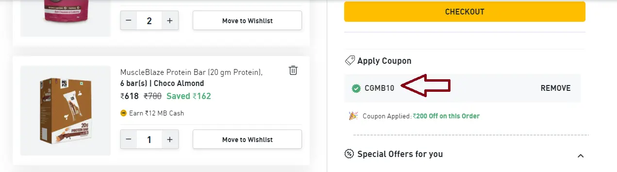 Screenshot of tested coupon for MuscleBlaze