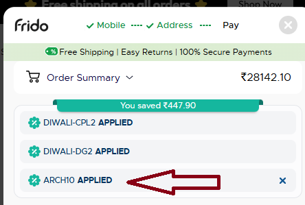 Screenshot of tested coupon for MyFrido