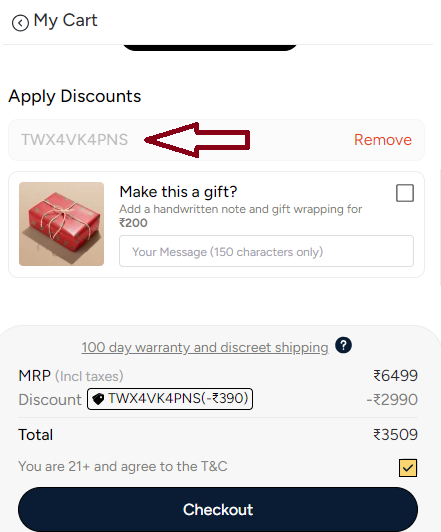 Screenshot of tested coupon for My Muse