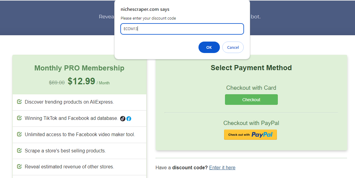 Screenshot of tested coupon for Niche Scraper