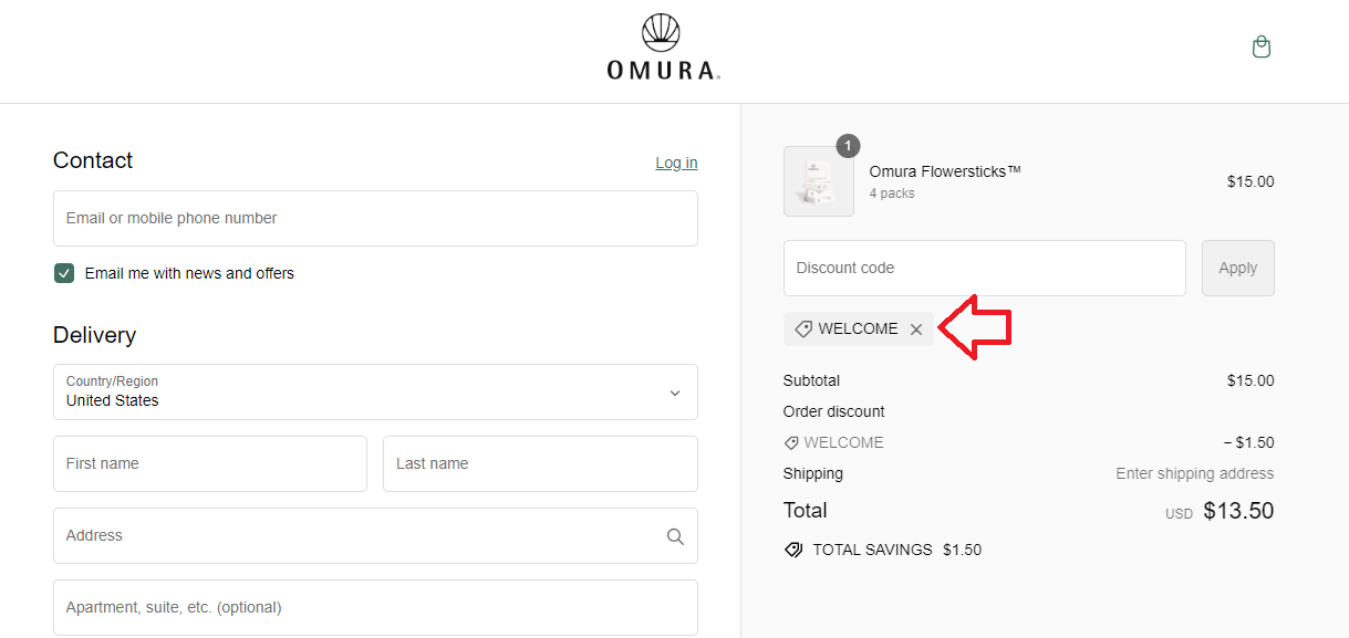 Screenshot of tested coupon for Omura CBD