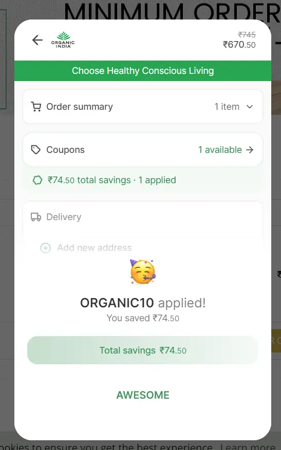 Screenshot of tested coupon for Organic India