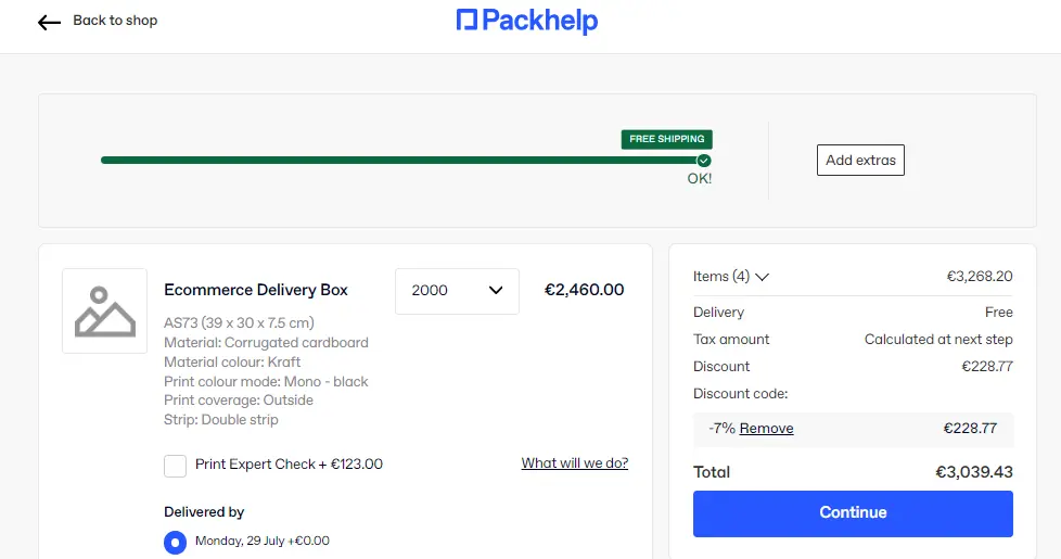 Screenshot of tested coupon for Packhelp