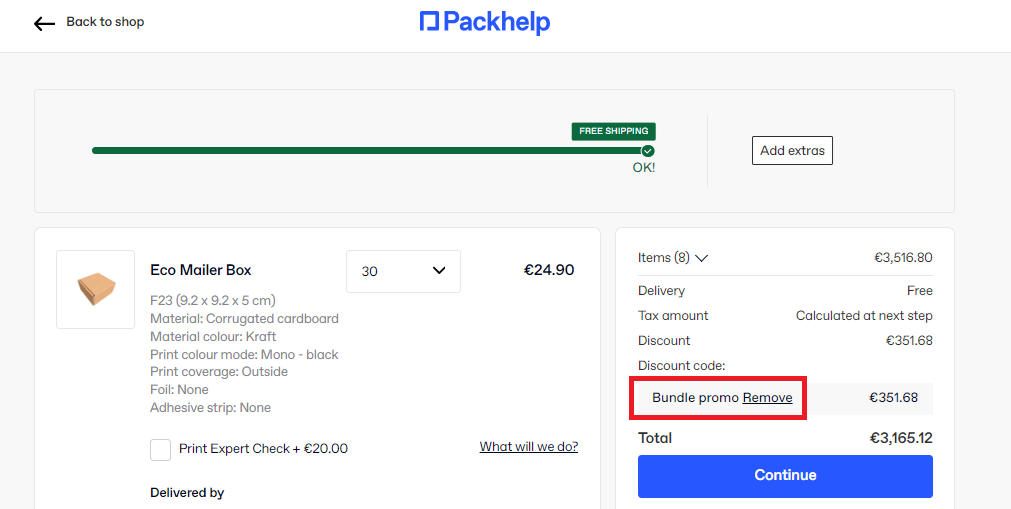 Screenshot of tested coupon for Packhelp