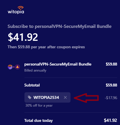 Screenshot of tested coupon for PersonalVPN