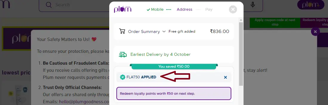 Screenshot of tested coupon for Plum