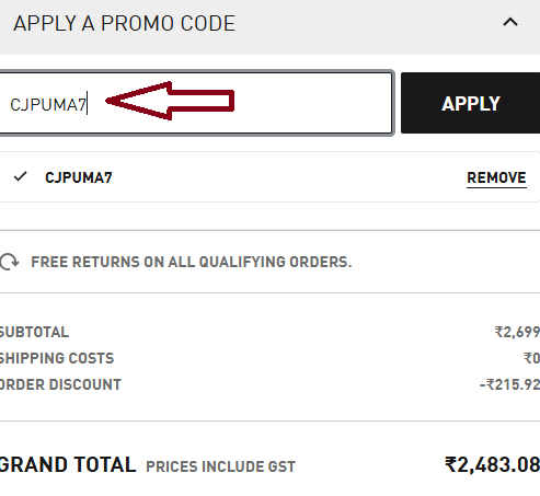 Screenshot of tested coupon for Puma