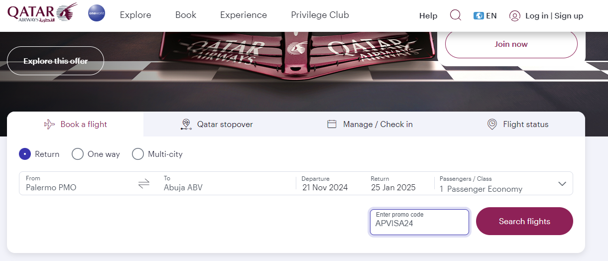 Screenshot of tested coupon for Qatar Airways