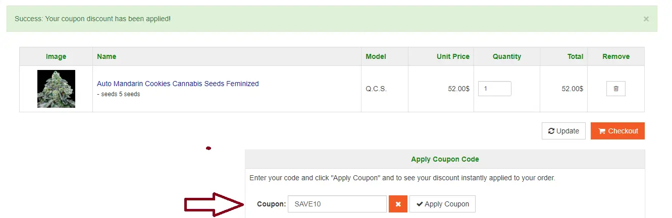 Screenshot of tested coupon for Quebec Cannabis Seeds