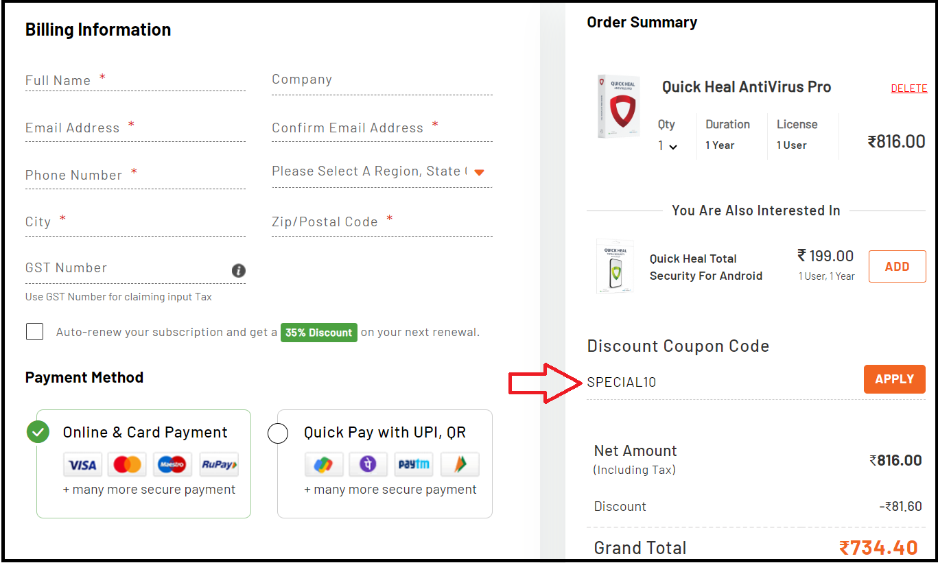 Screenshot of tested coupon for Quickheal