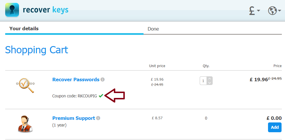 Screenshot of tested coupon for Recover Keys