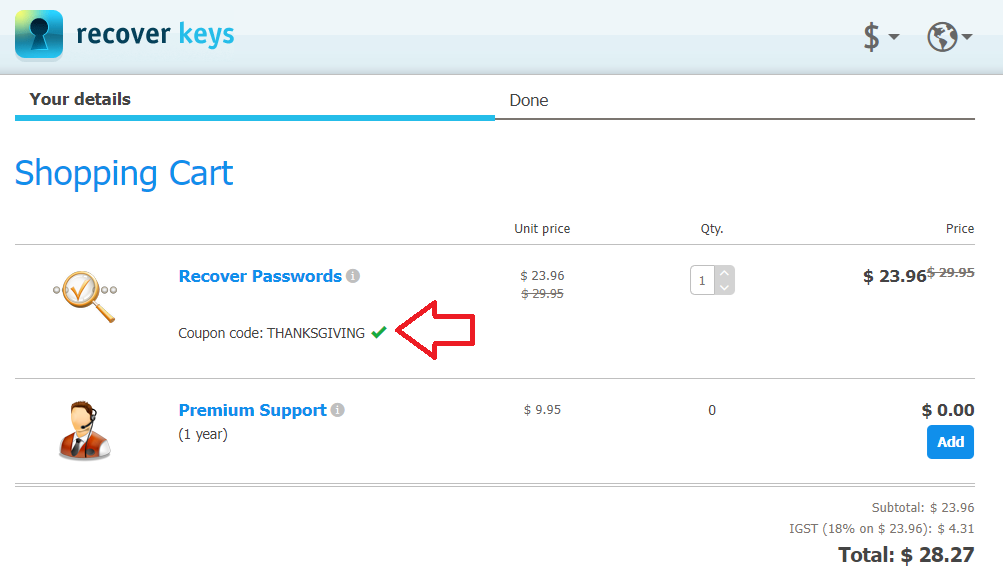 Screenshot of tested coupon for Recover Keys