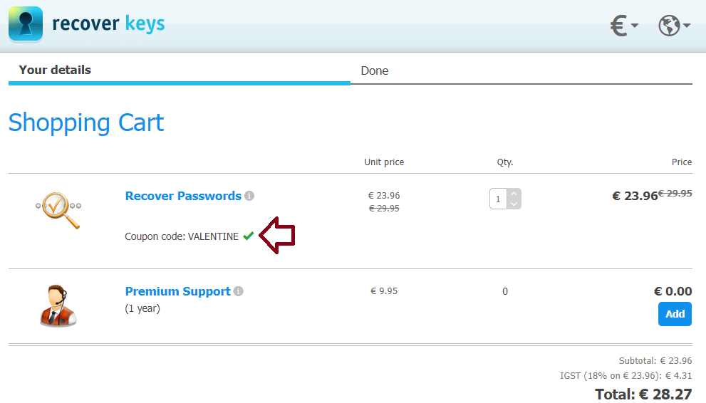 Screenshot of tested coupon for Recover Keys