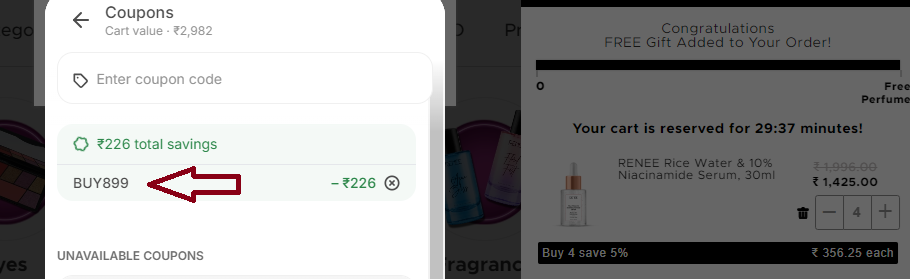 Screenshot of tested coupon for Renee Cosmetics