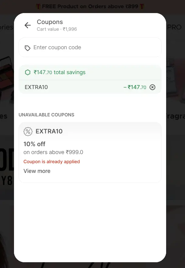 Screenshot of tested coupon for Renee Cosmetics