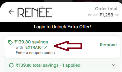 Screenshot of tested coupon for Renee Cosmetics