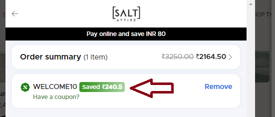 Screenshot of tested coupon for Salt Attire