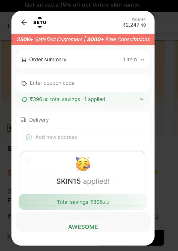 Screenshot of tested coupon for Setu