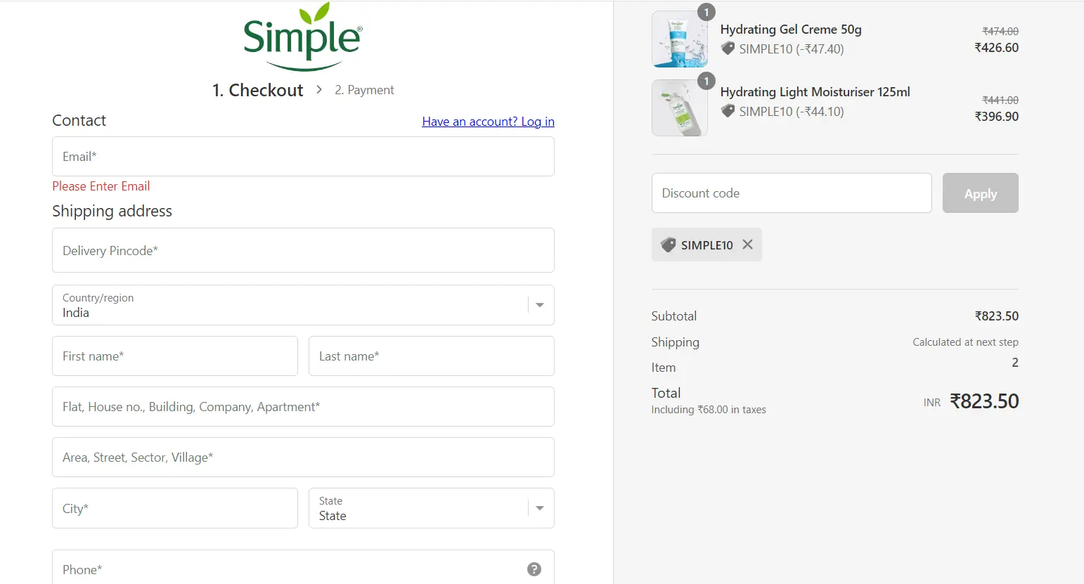 Screenshot of tested coupon for Simple Skincare