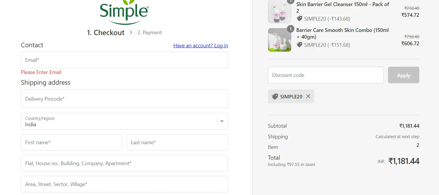 Screenshot of tested coupon for Simple Skincare