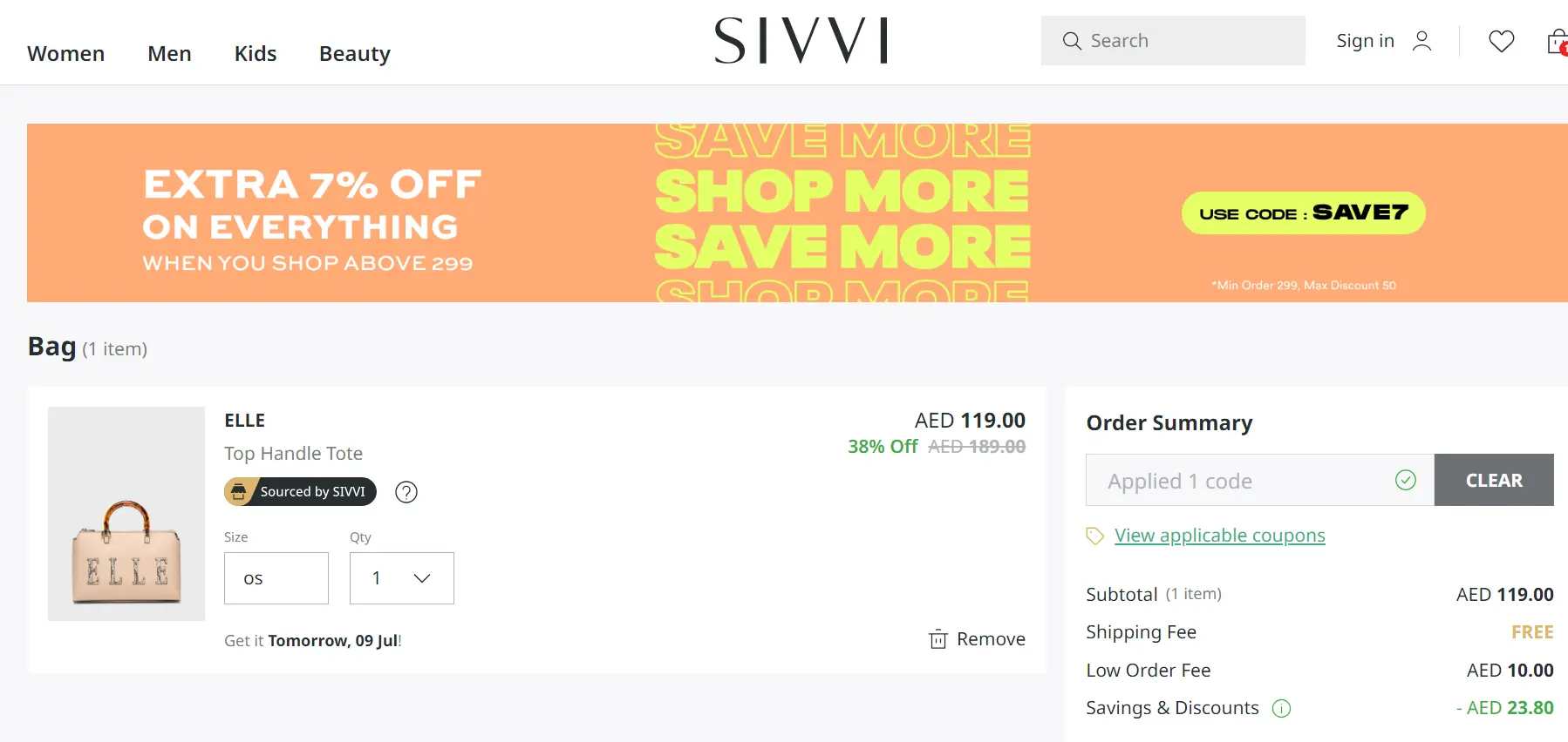 Screenshot of tested coupon for Sivvi