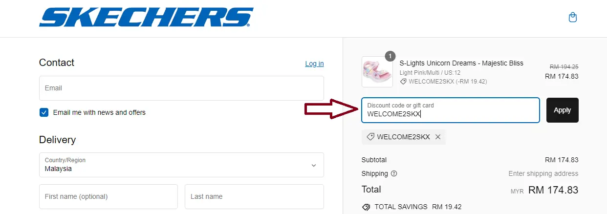 Screenshot of tested coupon for Skechers