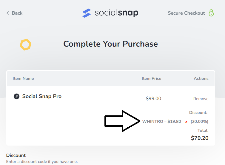 Screenshot of tested coupon for SocialSnap