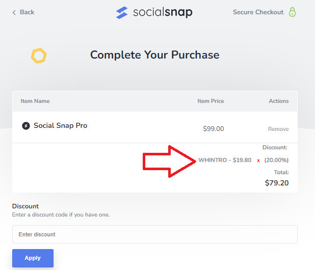 Screenshot of tested coupon for SocialSnap