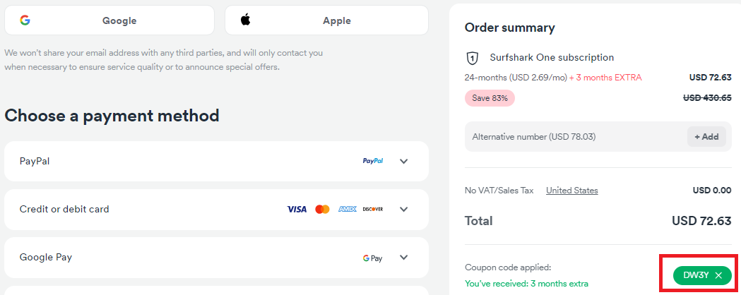 Screenshot of tested coupon for SurfShark VPN